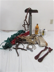 AN AMAZING MIX OF HORSE CARE PRODUCTS, FARRIERS FOOT STAND, TWO RASP, SPUR STRAPS,  & MORE
