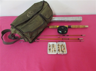 BEAUTIFUL EAGLE CLAW FLY FISHING ROD & REEL WITH FLYS & BASS PRO FISHING BAG