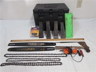 THIS IS A WONDERFUL ASSORTMENT OF CHAIN SAW  CHAINS, CARRY CASE, BAR & SHARPENERS.
