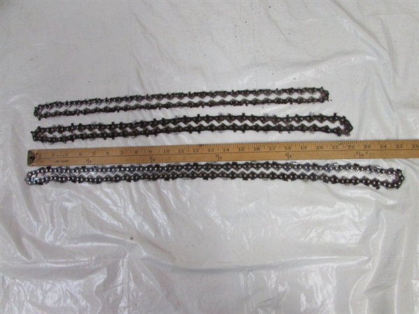 THIS IS A WONDERFUL ASSORTMENT OF CHAIN SAW  CHAINS, CARRY CASE, BAR & SHARPENERS.