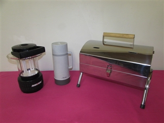 FANTASTIC STAINLESS STEEL BBQ WITH UTENSILS NEVER USED, SUPER GREAT LANTERN &  A THERMOS TOO.