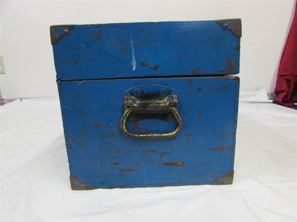 REALLY COOL BIG BLUE  SOLID WOOD BOX FOR BIG BOY TOYS, FILLED WITH AN ASSORTMENT OF GUY THINGS (HARDWARE)
