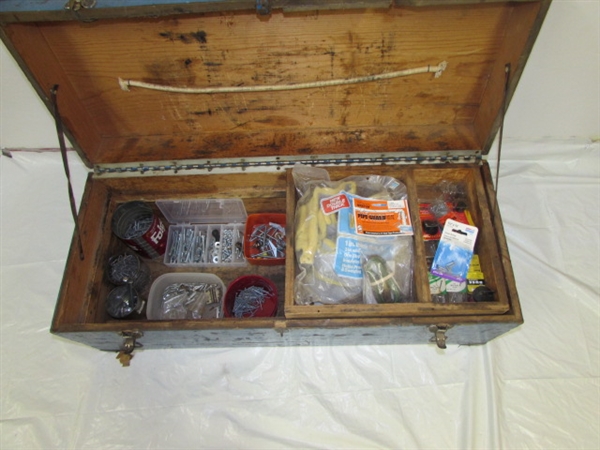 REALLY COOL BIG BLUE  SOLID WOOD BOX FOR BIG BOY TOYS, FILLED WITH AN ASSORTMENT OF GUY THINGS (HARDWARE)