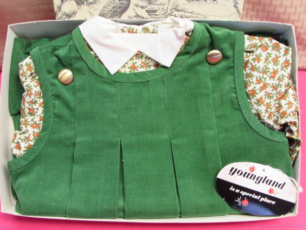 NEW IN BOX VINTAGE CHILDREN'S CORDUROY PINAFORE DRESS WITH COLLARED UNDERSHIRT 
