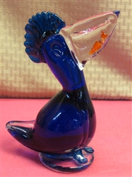 VIBRANT COBALT BLUE ART GLASS PELICAN WITH FISH IN BILL 