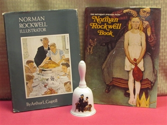 CLASSIC AMERICANA-TWO NORMAN ROCKWELL COFFEE TABLE BOOKS & A BELL