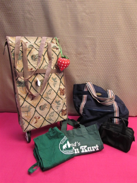 NEVER USED TAPESTRY BAG ON WHEELS, REUSABLE GROCERY BAGS & MORE GREAT FOR GROCERIES OR TRAVEL
