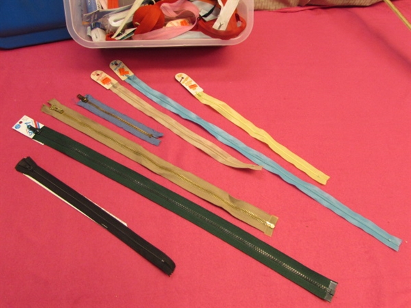 OVER 4 DOZEN ZIPPERS-MOSTLY NEW, LOTS OF METAL, SOME VINTAGE J.P. COATS, TOMATO PIN CUSHION & MORE
