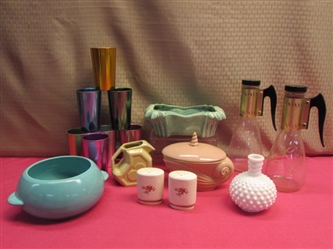 SEVEN COLORFUL BASCAL ALUMINUM CUPS, MCCOY POTTERY, HOBNAIL VASE, CA POTTERY, 2 MID CENTURY  ATOMIC DECANTERS & . . .