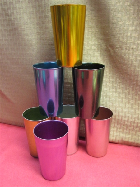 SEVEN COLORFUL BASCAL ALUMINUM CUPS, MCCOY POTTERY, HOBNAIL VASE, CA POTTERY, 2 MID CENTURY  ATOMIC DECANTERS & . . .