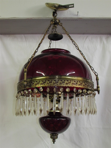 STUNNING ANTIQUE HANGING RUBY GLASS LIBRARY LAMP WITH GLASS  PRISMS!  GORGEOUS!