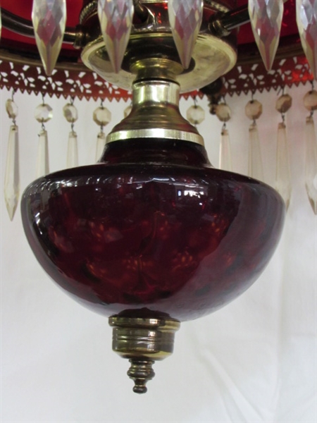 STUNNING ANTIQUE HANGING RUBY GLASS LIBRARY LAMP WITH GLASS  PRISMS!  GORGEOUS!