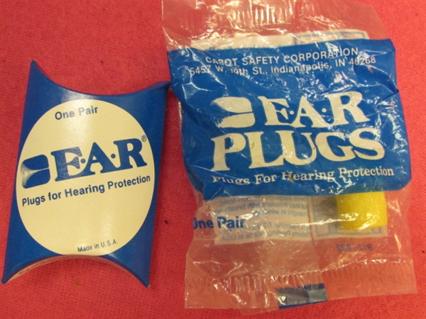 GOOD TO HAVE ON HAND- SILENCIO PROTECTIVE EAR MUFFS, DOZENS OF DISPOSABLE EAR PLUGS, FLASHLIGHT, POCKET KNIFE, TIRE GAUGE & . . . .