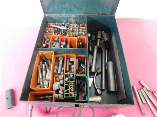 VERY COOL VINTAGE METAL FIRST AID BOX FULL OF MACHINING BITS & PIECES