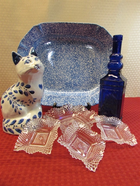 BEAUTIFUL BLUE-  SERVING PLATTER DECORATIVE BOTTLE, CAT STATUE & CLEAR INDIANA RUFFLED DISHES