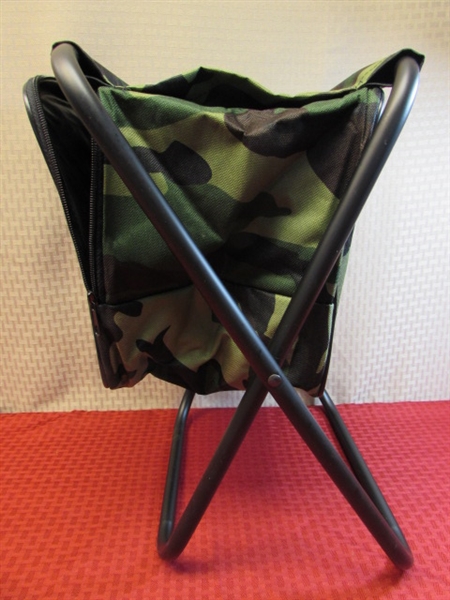 ALL CAMOUFLAGE FOLDING CAMP CHAIR WITH STORAGE,  COOLER &  SHOWER CURTAIN