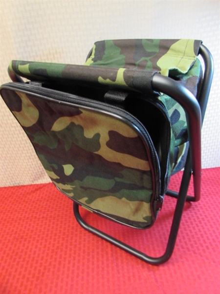 ALL CAMOUFLAGE FOLDING CAMP CHAIR WITH STORAGE,  COOLER &  SHOWER CURTAIN