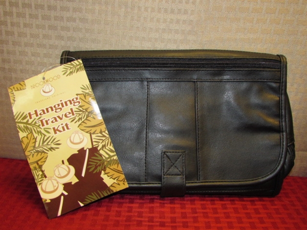 FOUR GREAT GIFT ITEMS - ALL NEW - LEATHER SHOULDER BAG, TRAVEL KIT, MANICURE KIT & MINI PACK