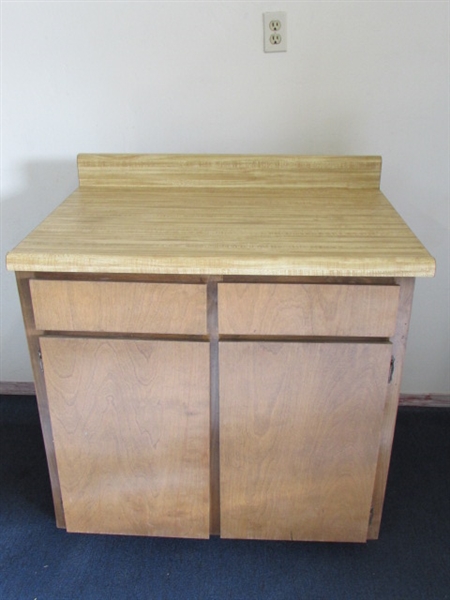 VERY NICE DOUBLE DRAWERS & DOORS WOOD CABINET WITH BUTCHER BLOCK COUNTER 