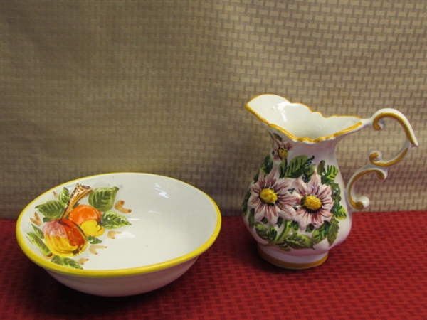 TASTE OF ITALY-ITALIAN POTTERY PITCHER & BOWL, VASE, WALL HANGINGS, CHEESE BOARD, PLACEMATS, CARAFE & MORE