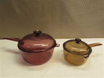 TWO CORNING VISION WARE POTS WITH LIDS-CRANBERRY & AMBER