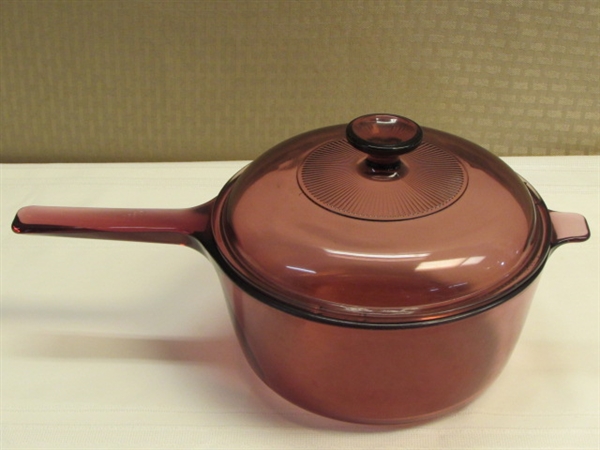 TWO CORNING VISION WARE POTS WITH LIDS-CRANBERRY & AMBER