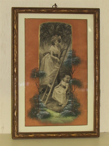 BEAUTIFUL & UNIQUE ANTIQUE FRAMED PRINT WITH CLOTH & HAND PAINTED DETAILS