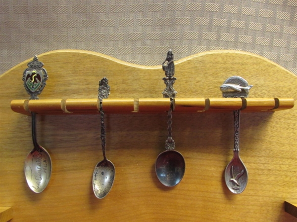 BEAUTIFUL SOLID MYRTLE WOOD SPOON RACK WITH 11 COLLECTIBLE SPOONS INCLUDES STERLING SILVER