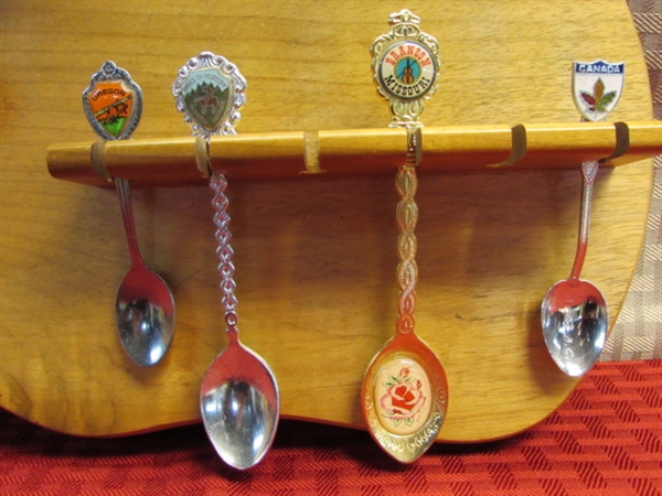 BEAUTIFUL SOLID MYRTLE WOOD SPOON RACK WITH 11 COLLECTIBLE SPOONS INCLUDES STERLING SILVER