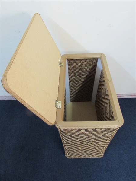 NICE BATH ACCESSORIES -WICKER HAMPER FULL OF NICE FLOOR RUGS, , TWO SHOWER CURTAINS, ONE SHOWER CURTAIN LINER.