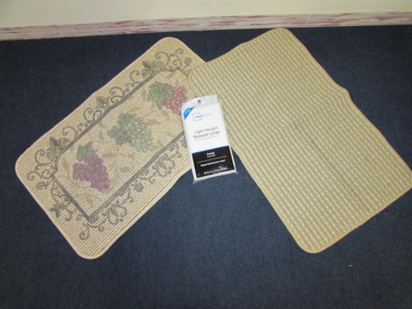 NICE BATH ACCESSORIES -WICKER HAMPER FULL OF NICE FLOOR RUGS, , TWO SHOWER CURTAINS, ONE SHOWER CURTAIN LINER.