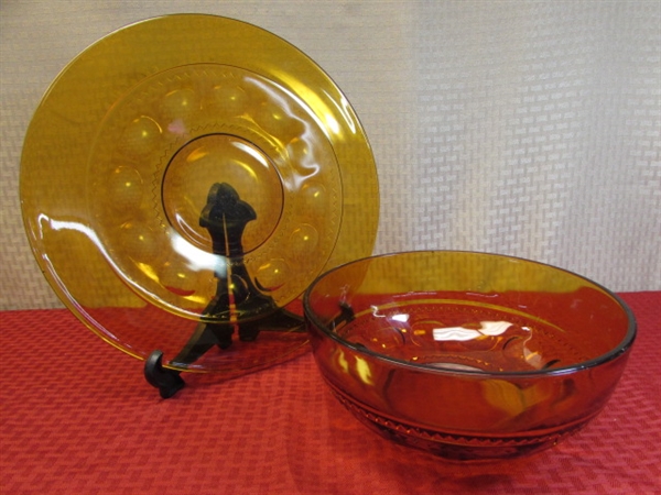 GORGEOUS AMBER COLOR INDIANA GLASS BOWL & PLATTER,  DEPRESSION GLASS  CUTE COPPER CANDLESTICK HOLDERS.