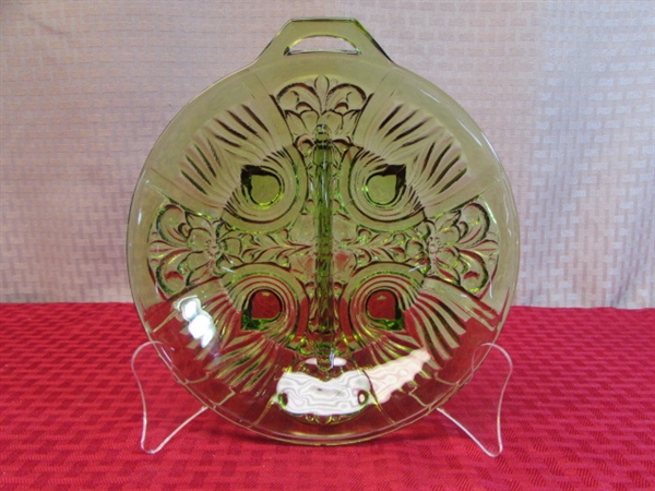 GORGEOUS AMBER COLOR INDIANA GLASS BOWL & PLATTER,  DEPRESSION GLASS  CUTE COPPER CANDLESTICK HOLDERS.