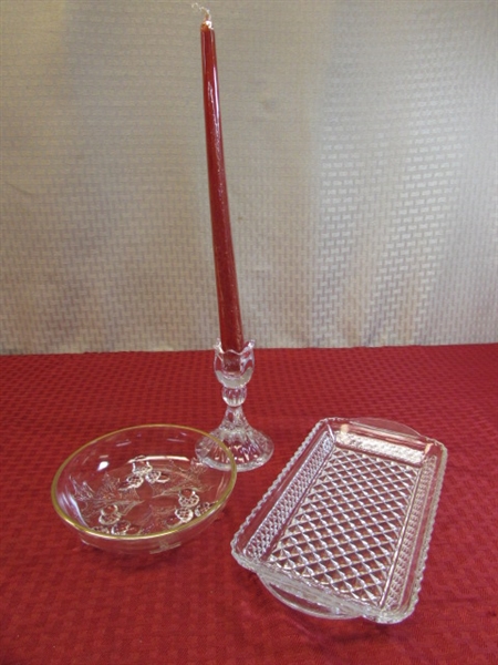 VINTAGE 2 TIER AMBER GLASS TRAY & CANDY DISH, CRYSTAL CANDLE STICK, COVERED BUTTER  DISH, POTTERY PLATTER & . . .