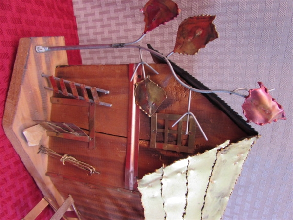 MAN'S TWO TIER SOLID WOOD VALET, RYOBI TOOL CASE WITH BITS & TIPS & COPPER ART BARN WITH WINDMILL.