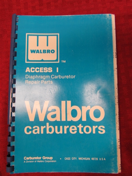  TWO WALBRO CARBURETOR PARTS BOOKS &  A BINDER ON TECUMSEH  ENGINE & GEAR PARTS