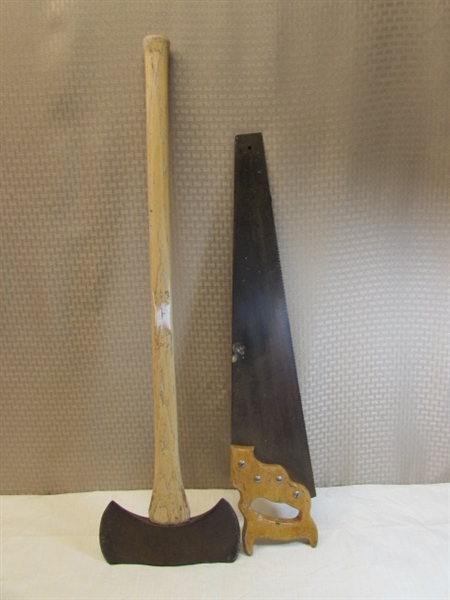 VERY NICE COLLINS  DOUBLE HEAD AXE & DISSTON CARPENTERS HAND SAW