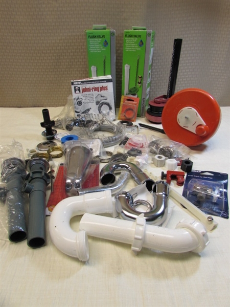 PLUMBERS HARDWARE - NEW  SINK DRAINS W/PLUNGERS,  P-TRAPS, BATH SINK FAUCET HANDLES, DRAIN AUGER, WAX RING W/ BOLTS, & MORE!
