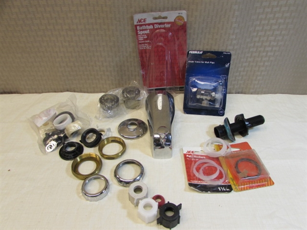 PLUMBERS HARDWARE - NEW  SINK DRAINS W/PLUNGERS,  P-TRAPS, BATH SINK FAUCET HANDLES, DRAIN AUGER, WAX RING W/ BOLTS, & MORE!