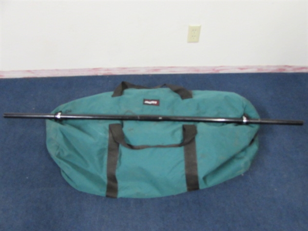  116 LBS. SET OF FREE WEIGHTS WITH BAR & DUFFLE BAG FOR STORAGE PLUS  A PIROF PUSH UP AIDS