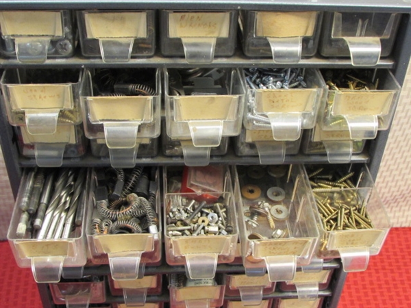 METAL 60 DRAWER HARDWARE ORGANIZER FULL OF A HUGE ASSORTMENT OF SMALL HARDWARE