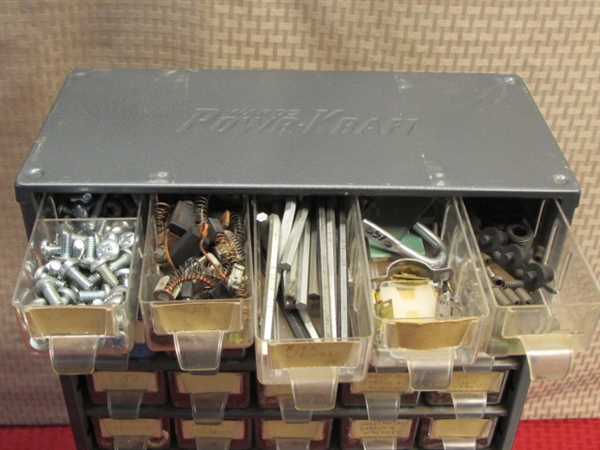 METAL 60 DRAWER HARDWARE ORGANIZER FULL OF A HUGE ASSORTMENT OF SMALL HARDWARE
