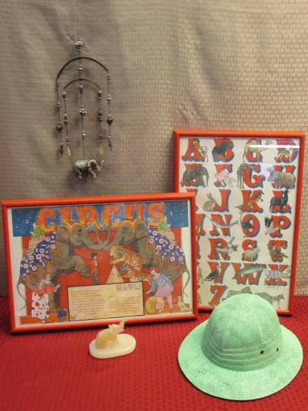AN ELEPHANT NEVER FORGETS-TWO SWEET WALL HANGINGS, WIND CHIME, PAPER WEIGHT & GREEN SAFARI HAT!