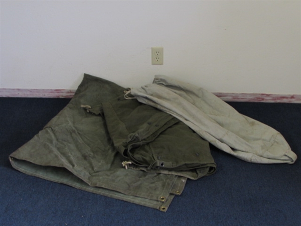 LARGE HEAVY GREEN CANVAS TARP, MILITARY CANVAS FLY WITH SNAPS & STUFF SACK