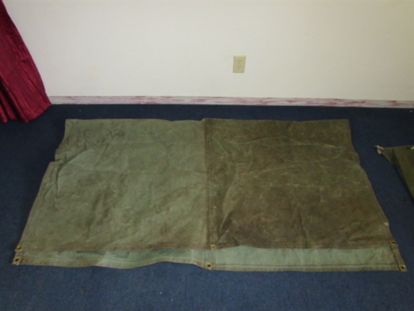 LARGE HEAVY GREEN CANVAS TARP, MILITARY CANVAS FLY WITH SNAPS & STUFF SACK