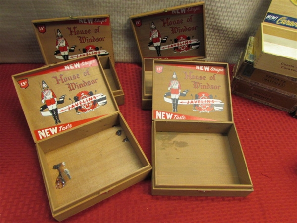 FOURTEEN VINTAGE CIGAR BOXES, SOME WOOD, SOME CARDBOARD & A SMALL WOOD BOX