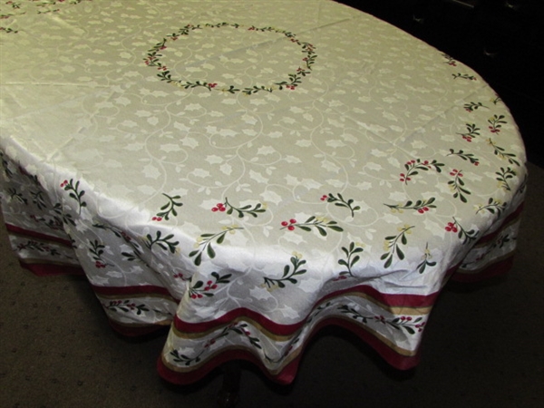 A BIT OF COZY HOLIDAY CHEER!  TWO LOVELY TABLE CLOTHS, PLACEMATS, 2 THROW BLANKETS & 2 COCOA MUGS