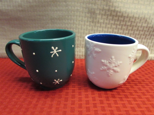 A BIT OF COZY HOLIDAY CHEER!  TWO LOVELY TABLE CLOTHS, PLACEMATS, 2 THROW BLANKETS & 2 COCOA MUGS