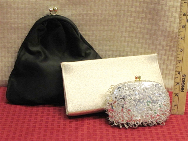 SILVER & GOLD . . .& BLACK!  THREE VINTAGE EVENING BAGS FOR YOUR HOLIDAY PARTIES