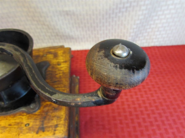 CLASSIC ANTIQUE CRANK HANDLE CAST IRON & WOOD COFFEE MILL & WIRE TEAPOT WALL HANGING